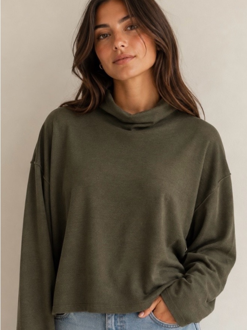 MELLODAY Olive Green Long Sleeve Mock Neck Tee
